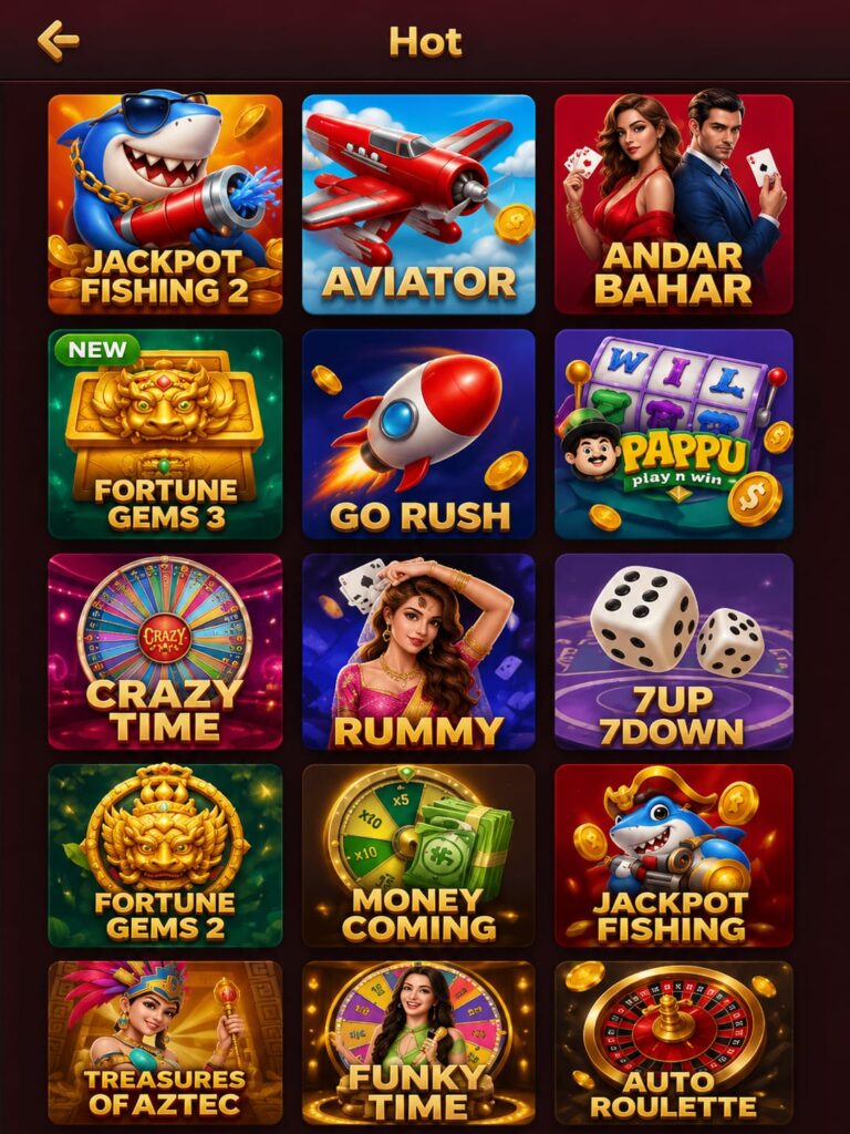 DAMAC Game popular games menu featuring Aviator, Rummy, Andar Bahar, Crazy Time, Fortune Gems, and Jackpot Fishing.